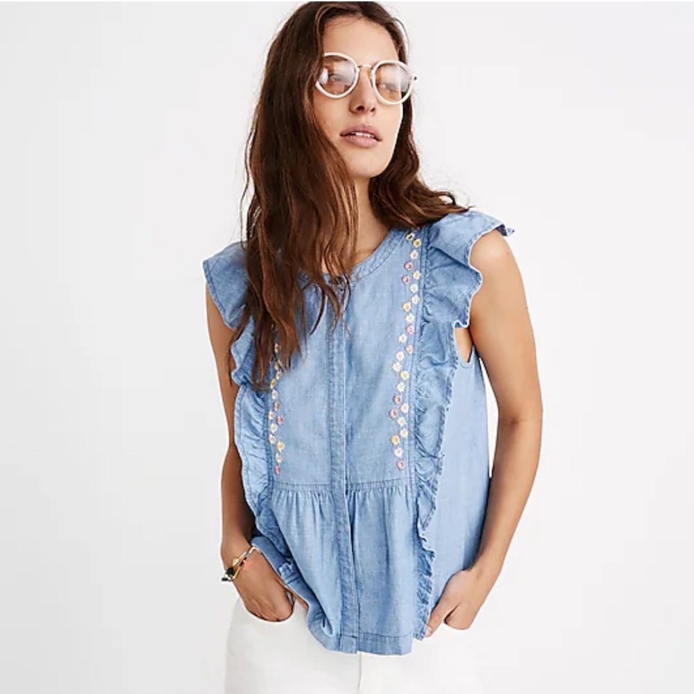 NEW Madewell Floral Embroidered Denim Ruffle Top Sz M Rosseau Wash SOLD OUT NWT
